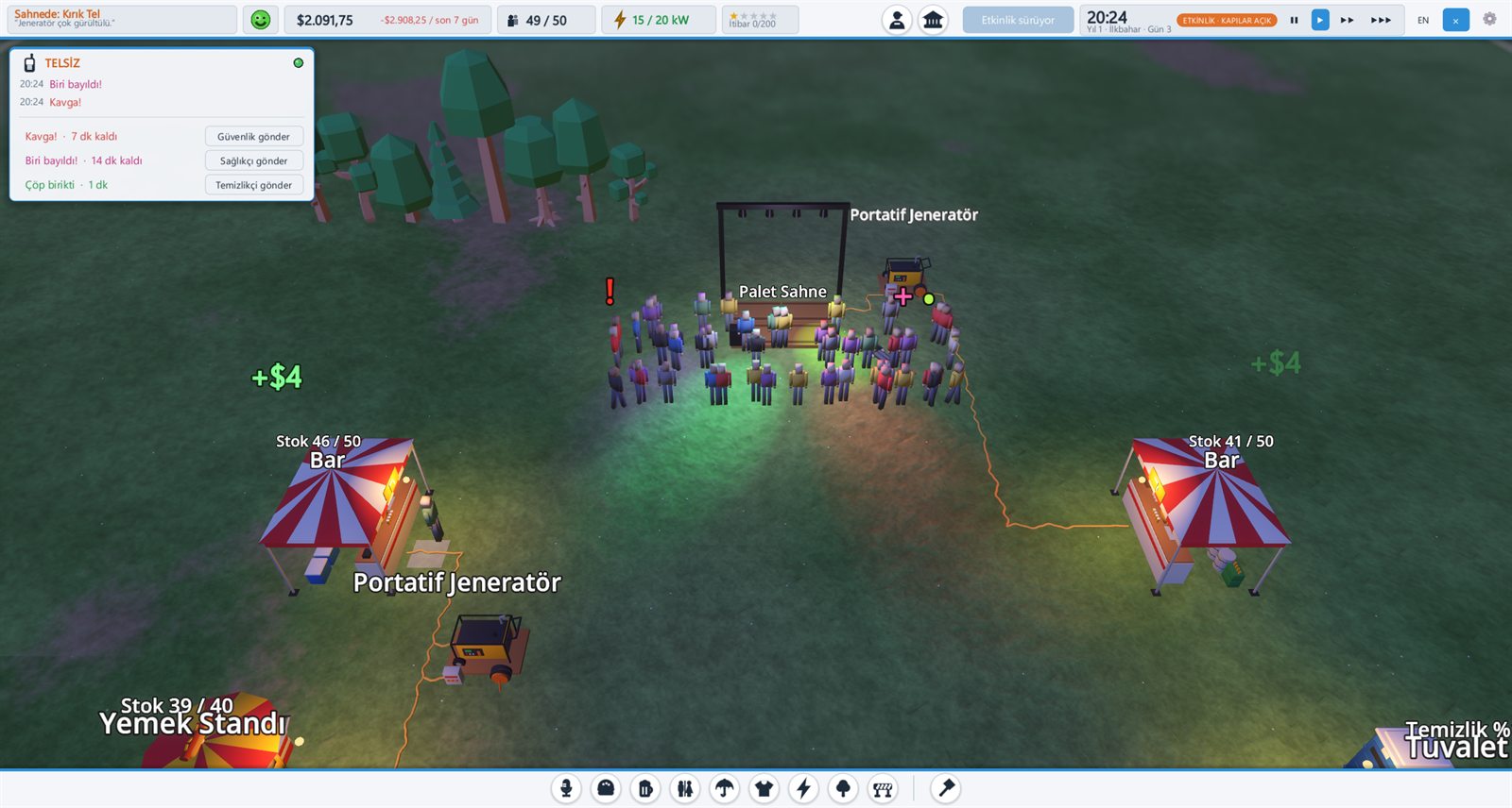 A small concert in progress: the crowd in front of a pallet stage, radio panel open with a fight and a fainting to deal with.